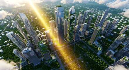 Plakat Aerial view of a futuristic city skyline with towering skyscrapers and green spaces, illuminated by a bright golden beam of light