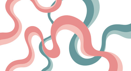 Abstract illustration featuring flowing, layered ribbons in shades of pink and teal against a white background.