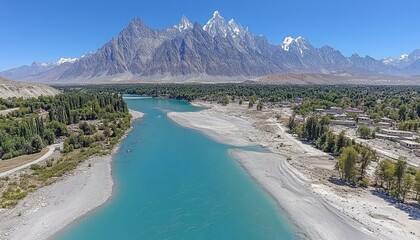 Turquoise river flowing through valley, mountains in background