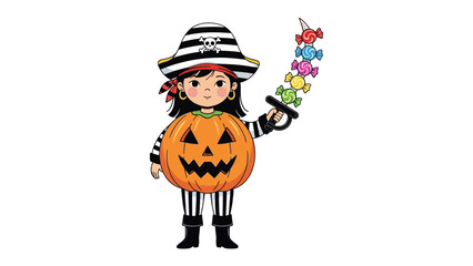 Pirate Pumpkin Halloween: A whimsical Halloween illustration featuring a playful pirate-themed pumpkin character holding a candy sword.