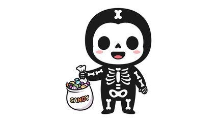 Sweet Skeletal Delight: A cartoon skeleton, clad in a whimsical costume, cheerfully clutches a bag overflowing with candy, embodying the spirited essence of Halloween.