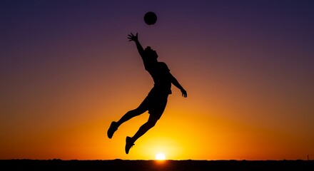 Silhouette of a person jumping to catch a ball against sunset sky