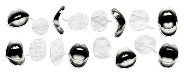 Vector halftone screamed mouth and speech bubbles cut out notebook paper with a wrinkled texture and shadow. Realistic crumpled paper mockup. Collage design template.