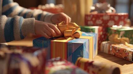 A child's hands carefully tying a decorative bow on a colorful gift, surrounded by festive presents.