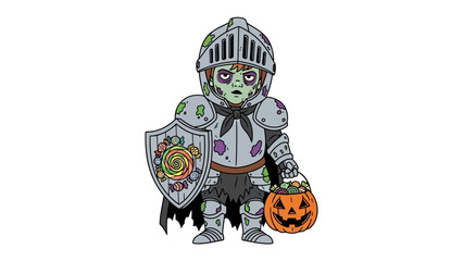 Halloween Knight: A charming illustration of a zombie knight, garbed in tattered armor and carrying a pumpkin bucket and shield.