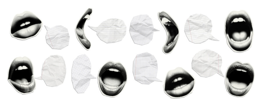 Vector halftone screamed mouth and speech bubbles cut out notebook paper with a wrinkled texture and shadow. Realistic crumpled paper mockup. Collage design template.