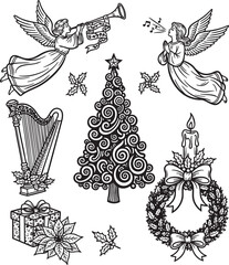 Christmas Angel and Holiday Elements Vector Illustration Set