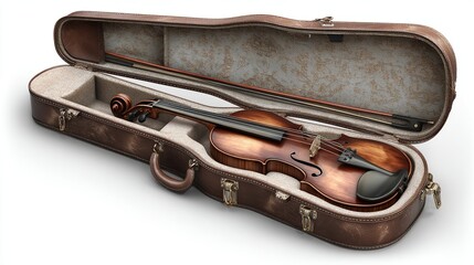 Violin rests in an open brown vintage-style case with bow, against a white backdrop