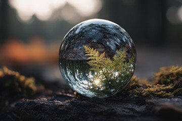 Glass Sphere Reflecting Forest Environment on Mossy Ground.