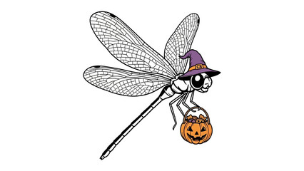 Halloween Dragonfly: A whimsical Halloween illustration featuring a dragonfly adorned with a witch's hat, clutching a carved pumpkin, embodying the playful spirit of the spooky season. © Mahbuba