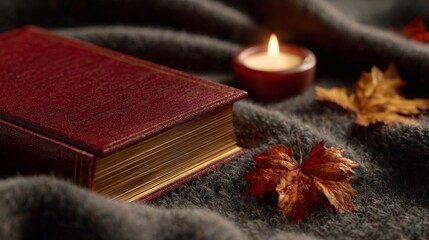 Fototapeta premium A cozy autumn scene featuring a red hardcover book, warm candlelight, and vibrant fall leaves on a soft, textured gray blanket.