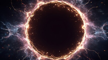 Dark, glowing orb surrounded by radiating energy; a celestial gateway or portal against a cosmic backdrop