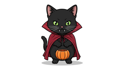 Halloween Black Cat in Costume: An adorable cartoon depiction of a black cat in a Halloween vampire costume. with vampire fangs and a pumpkin candy basket. Perfectly embodying the spooky spirit.