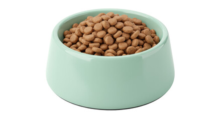 Full bowl of dry dog food isolated, light green ceramic bowl filled with brown kibble for pet nutrition and feeding on no background © Marcel