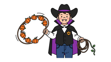Cowboy Vampire: A playfully illustrated image of a cowboy with a vampire twist holding a pumpkin rope, symbolizing Halloween fun and seasonal festivity.