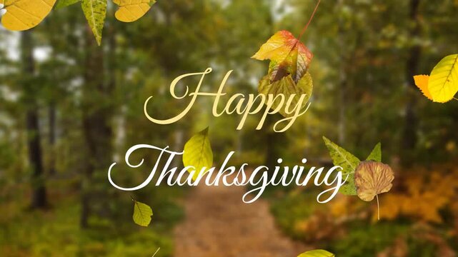 Opening path revealing golden 'Happy Thanksgiving' text as autumn leaves drifting across greeting