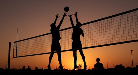 Volleyball game silhouette at sunset two players jumping to hit the ball outdoor sport activity