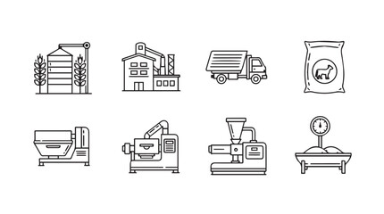 Industrial agriculture icons depicting grain processing manufacturing and transportation processes vector © MstMili
