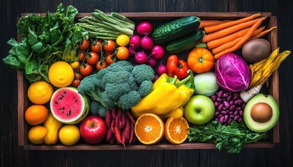 Colorful wooden crate overflowing with fresh produce