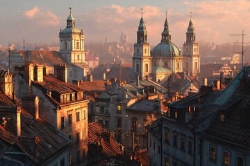 Obraz premium Stunning european cityscape at golden hour featuring charming rooftops and a clock tower