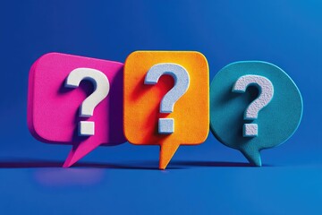 Three colorful speech bubbles, each with a question mark, float against a deep blue background