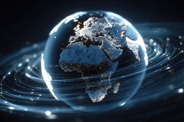 Luminous digital globe against a dark backdrop, encircled by flowing, glowing light trails