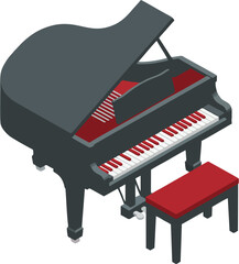 Isometric Grand Piano Vector with Red Bench &ndash; Modern 3D Music Instrument Illustration