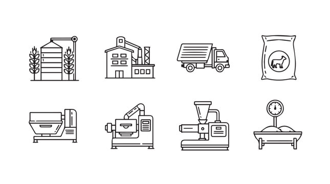 Industrial agriculture icons depicting grain processing manufacturing and transportation processes vector