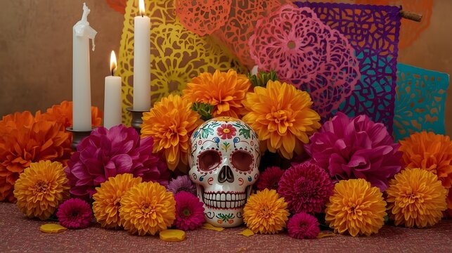 Day of the Dead Altar with Skull, Candles and Marigolds