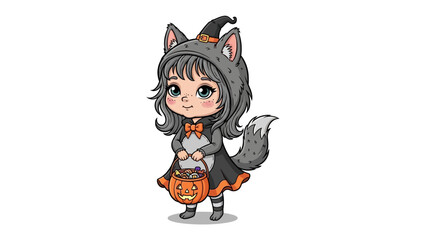 Cute Halloween Wolf: A cheerful cartoon of a child dressed in a wolf costume, ready for a night of trick-or-treating.