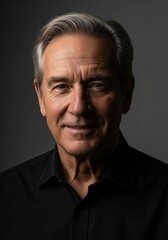 Obraz premium Portrait of a smiling, distinguished older man with graying hair, wearing a black collared shirt, against a dark, moody background