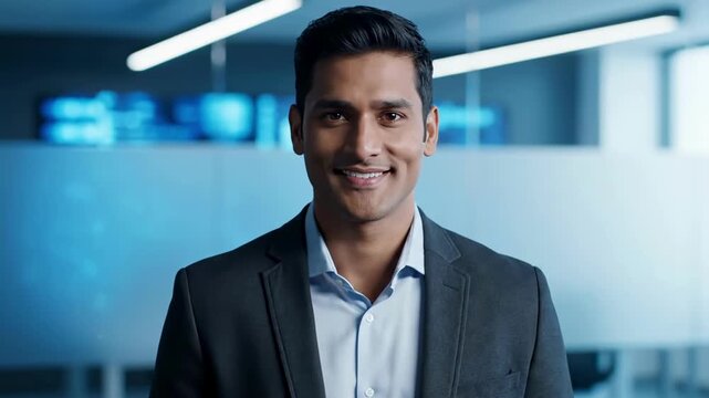 Confident business presentation in modern office with professional attire and positive expression