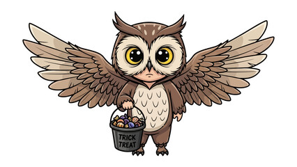 Whimsical Owl with Candy: A charming cartoon owl, spreads its wings while holding a basket of treats, perfectly capturing the magic of fun and festivities.
