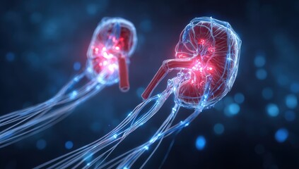 Abstract Render of Cellular Structures with Glowing Core Elements on Dark Blue Background