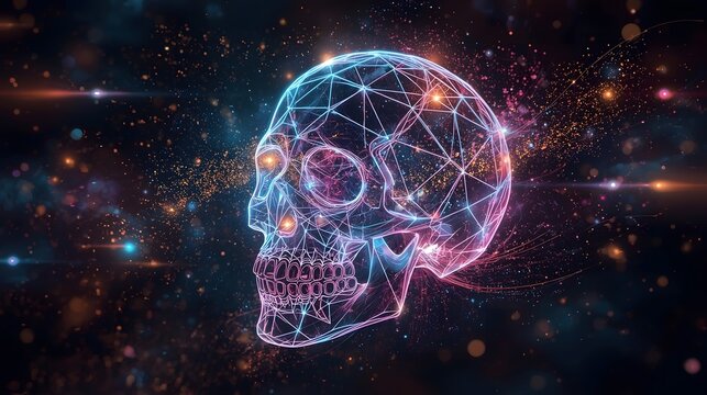 Futuristic Neon Skull Wireframe with Abstract Galaxy Background - Powered by Adobe