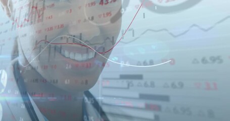 Healthcare professional turning to animated data overlay causing line charts showing patient trends - Powered by Adobe