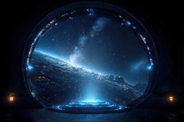 Inside a spacecraft, a futuristic view of the Earth and stars through an illuminated circular window