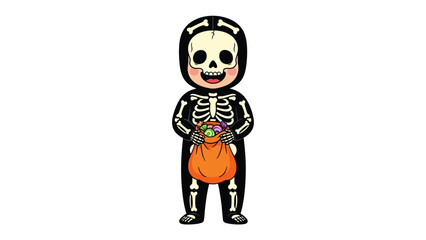 Halloween Skeleton Costume: a small, smiling person in a cartoon skeleton costume proudly displays a Halloween-themed bag