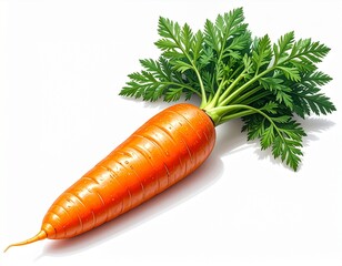 Two fresh whole carrots with green leafy tops, vibrant orange color and tapered shape, placed against plain white background.