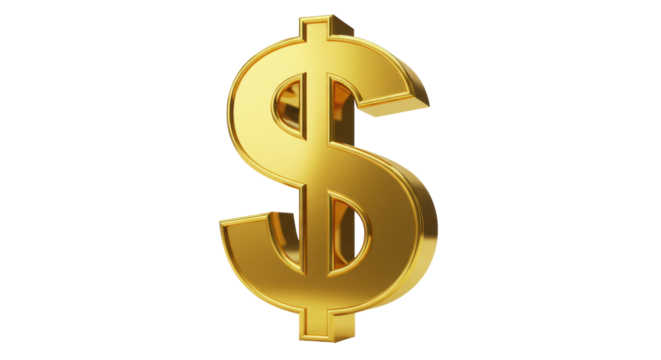 Golden dollar sign isolated PNG, currency symbol for finance, investment, and wealth on transparent background