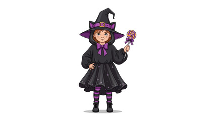 Little Witch with Lollipop: A charming cartoon illustration of a child dressed in a whimsical witch costume, complete with a pointed hat and a sweet lollipop in hand.