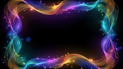 Abstract, glowing, multicolored ribbons frame a central dark void, with twinkling particles enhancing the ethereal display