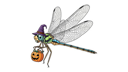 Whimsical Halloween Dragonfly: A dragonfly, adorned with a witch's hat and carrying a pumpkin, embodies the spirit of Halloween, its delicate wings spread against a backdrop of fantastical allure.