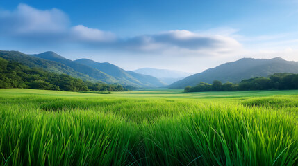 Fototapeta premium Green hills and grass field with sunlight.