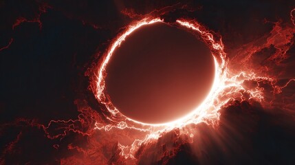 A central dark orb encircled by fiery energy and engulfed in a nebulous, crimson atmosphere