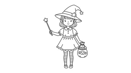 Cute witch in costume: A charming illustration shows a young witch, smiling, holding a magic wand and a treat bag. It's a perfect design for Halloween, celebration, and magic.