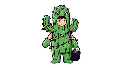 Cactus Costume: A cheerful figure wears a unique, handmade cactus costume with festive lights and a trick-or-treat basket, ready to embark on an evening of Halloween fun and excitement.