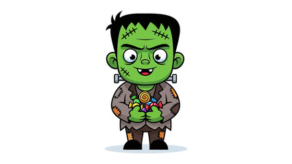 Frankenstein Monster with Candy: A friendly Frankenstein monster is ready to celebrate Halloween with an array of candies in hand, smiling to welcome the spooky season. 