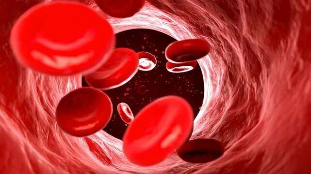 Dynamic red blood cells flowing inside artery, vibrant bloodstream animation