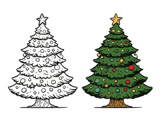 Fototapeta premium Christmas Tree Coloring Book Style, Black Line Art and Colorful Version Comparison